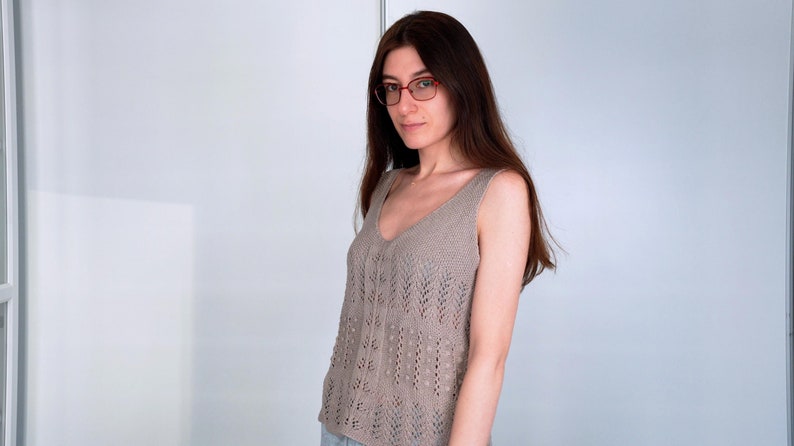 Knitted summer lace top in a natural color knitted with 100% bourette silk