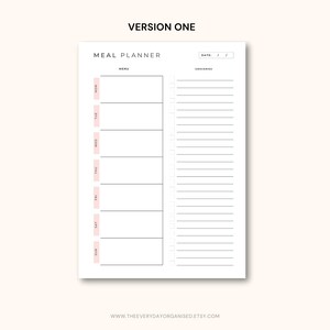May include: A white meal planner with a minimalist design. The planner features sections for each day of the week, a menu section, and a grocery list. The days of the week are marked with pink rectangular labels. The text "Meal Planner" is at the top.
