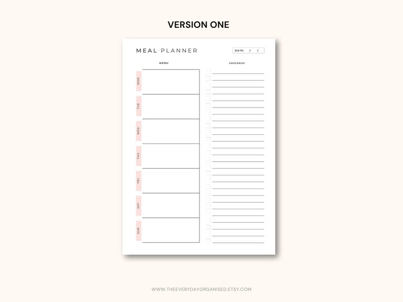 May include: A white meal planner with a minimalist design. The planner features sections for each day of the week, a menu section, and a grocery list. The days of the week are marked with pink rectangular labels. The text "Meal Planner" is at the top.