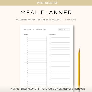 Meal Planner and Grocery List Printable PDF, Weekly Meal Planner, Grocery List Planner, Family Meal Planner, Instant Download Meal Planner