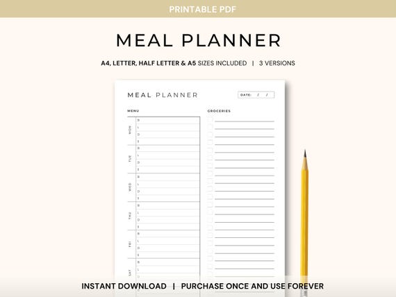 Meal Planner and Grocery List Printable PDF, Weekly Meal Planner, Grocery List Planner, Family Meal Planner, Instant Download Meal Planner