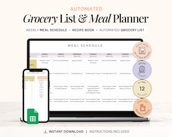 Weekly Meal Planner and Grocery List, Meal Planner Spreadsheet, Printable Grocery List, Meal Planning, Meal Prep Spreadsheet, Recipe Planner