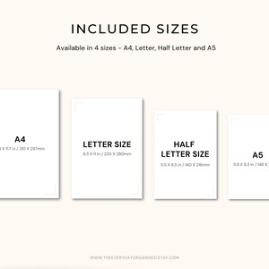 May include: Image showing four paper sizes: A4 (8.3 x 11.7 in), Letter (8.5 x 11 in), Half Letter (5.5 x 8.5 in), and A5 (5.8 x 8.3 in). The text "INCLUDED SIZES" and "Available in 4 sizes" are also present.