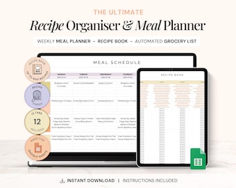 Recipe Organizer Spreadsheet, Meal Planner Spreadsheet, Digital Recipe Book, Meal Planning Google Sheets, Meal Prep Planner Spreadsheet