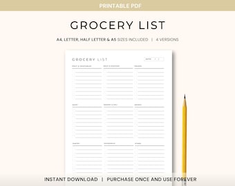 Grocery List Printable PDF, Weekly Meal Planning Grocery List, Grocery List Planner, Family Meal Planner, Grocery Shopping List Printable