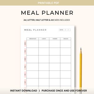 Printable Meal Planner, Weekly Meal Planner PDF, Grocery List Planner, Family Meal Planner, Instant Download Meal Planner, Food Planner image 1