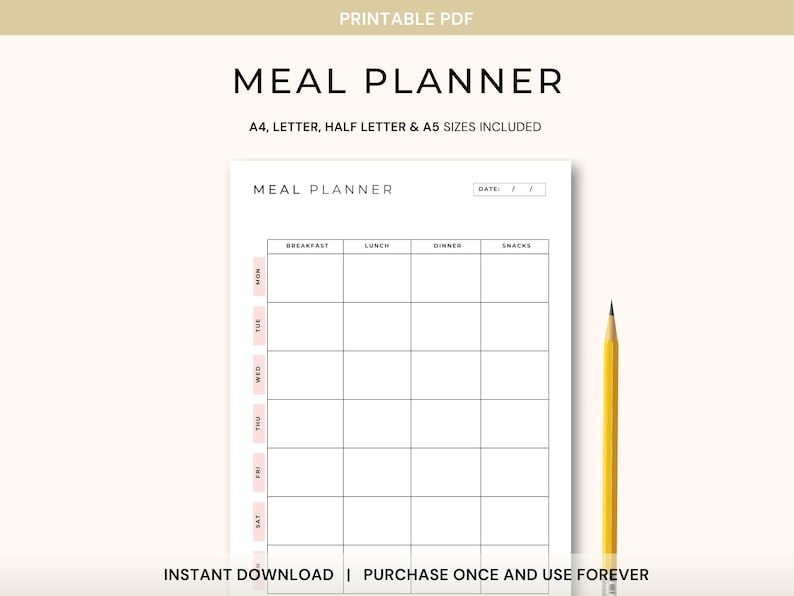 Printable Meal Planner, Weekly Meal Planner PDF, Grocery List Planner, Family Meal Planner, Instant Download Meal Planner, Food Planner image 1