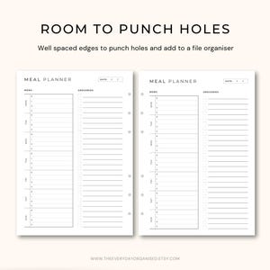 May include: Two white meal planner pages with the text "ROOM TO PUNCH HOLES" and "MEAL PLANNER". The pages have sections for menu and groceries, with space for hole punching. The website address is visible at the bottom.