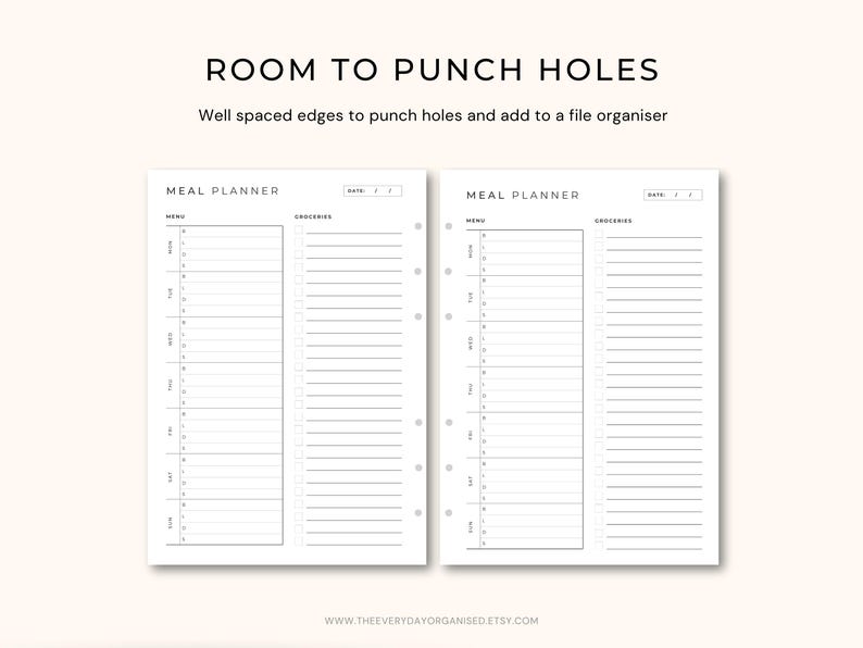 May include: Two white meal planner pages with the text "ROOM TO PUNCH HOLES" and "MEAL PLANNER". The pages have sections for menu and groceries, with space for hole punching. The website address is visible at the bottom.