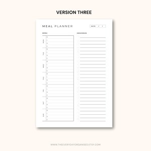 May include: A white meal planner with the text "VERSION THREE" at the top. The planner includes sections for menu planning and a grocery list. The menu section is divided into days of the week and times. The website address is at the bottom.