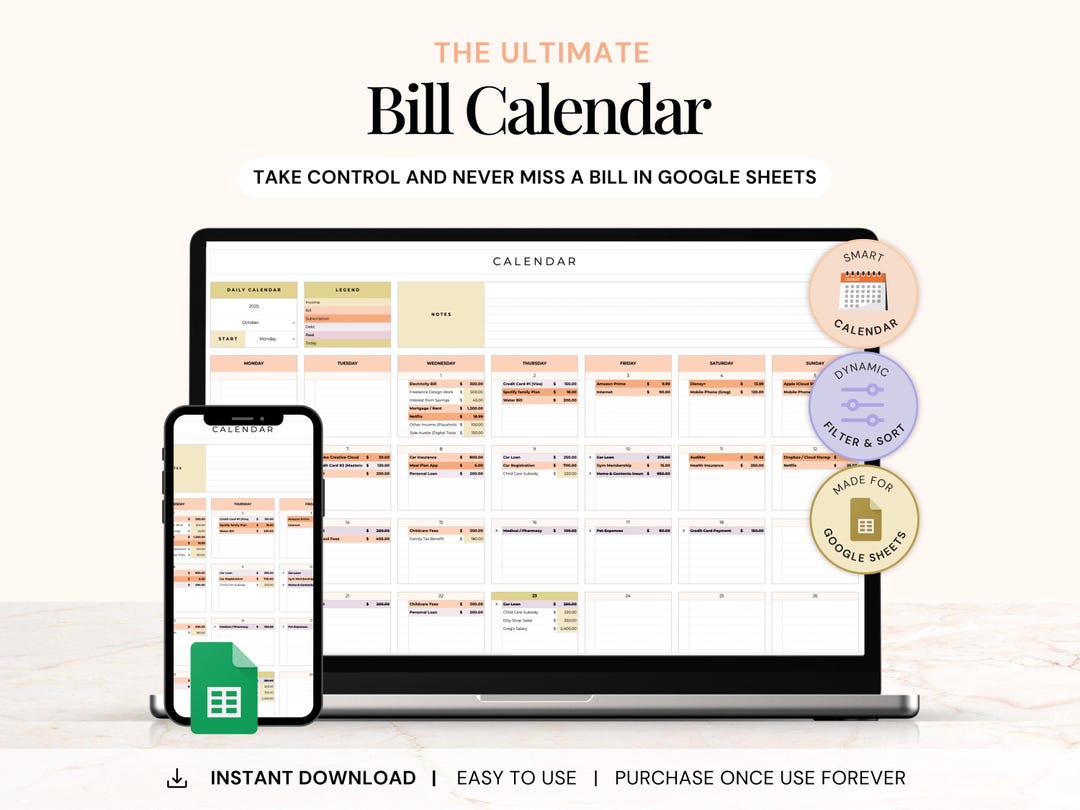 Bill Tracker Spreadsheet Google Sheets Bill Calendar Editable Monthly ...