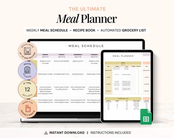 Meal Planning Spreadsheet, Weekly Meal Planner Google Sheets, Grocery List, Digital Meal Planner, Meal Prep Spreadsheet, Recipe Planner