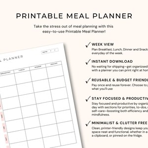 Printable Meal Planner, Weekly Meal Planner PDF, Grocery List Planner, Family Meal Planner, Instant Download Meal Planner, Food Planner image 2