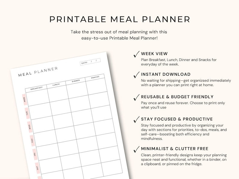Printable Meal Planner, Weekly Meal Planner PDF, Grocery List Planner, Family Meal Planner, Instant Download Meal Planner, Food Planner image 2