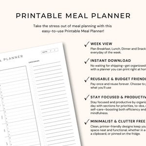 May include: A printable meal planner with the text "Printable Meal Planner" at the top. The planner includes sections for menu, groceries, and a date section. The planner is designed to help organize meals.