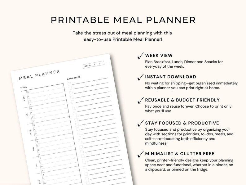 May include: A printable meal planner with the text "Printable Meal Planner" at the top. The planner includes sections for menu, groceries, and a date section. The planner is designed to help organize meals.