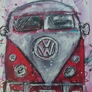 May include: Watercolor painting of a red and silver Volkswagen bus. The front of the vehicle is the focal point, with the VW logo prominently displayed. The background features abstract splashes of pink, purple, and white.