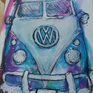 May include: Watercolor painting of a classic Volkswagen bus in shades of blue, white, and purple. The VW logo is centered on the front. The artwork has a whimsical, artistic style with paint splatters.