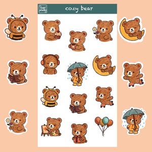 Könnte beinhalten: Ein Aufkleberbogen mit dem Titel cozy bear, der verschiedene Illustrationen von braunen Bären zeigt. Die Bären sind bei verschiedenen Aktivitäten dargestellt, darunter das Halten eines Cupcakes, das Tragen von Kopfhörern, die Nutzung eines Regenschirms, das Lesen eines Buches, das Malen und das Halten von Luftballons.