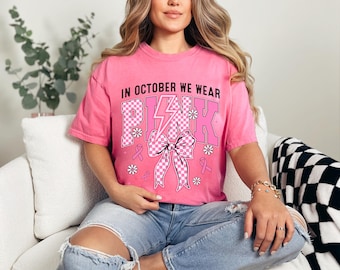 Breast Cancer Awareness Shirt Pink Checker Bow Graphic Tee Comfort Colors Support Gift