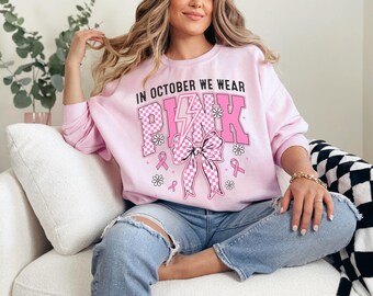 Breast Cancer Awareness Shirt Pink Checker Bow Graphic Tee Comfort Colors Support Gift