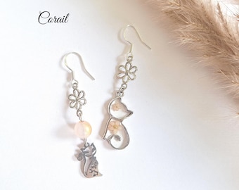 Women's mismatched/asymmetrical cat and flower drop earrings