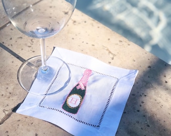 Monogrammed Champ Cocktail Napkin, 100% Natural Linen Cocktail Napkins, Cloth Napkin, Custom Embroidery, Housewarming Gift, Champagne, Pop