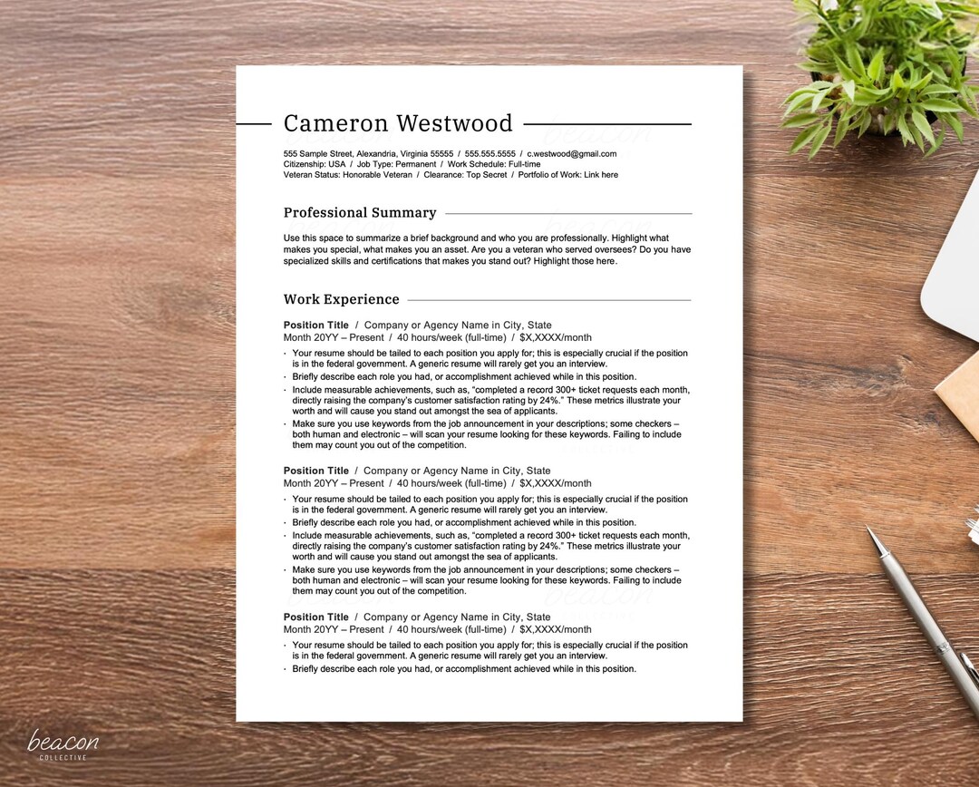 Federal Resume Template (usajobs) for Word, Pages Atsfriendly Layout