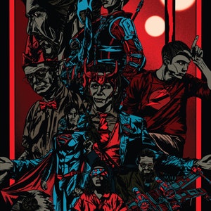 May include: A colorful illustration of a group of characters, including a superhero, a person with horns, and a person with a lightsaber. The background is red with two white circles.