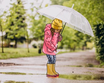 雨の日の女の子のアートプリント：傘を持った気まぐれな子供（デジタルダウンロード PNG、JPEG、PDF）