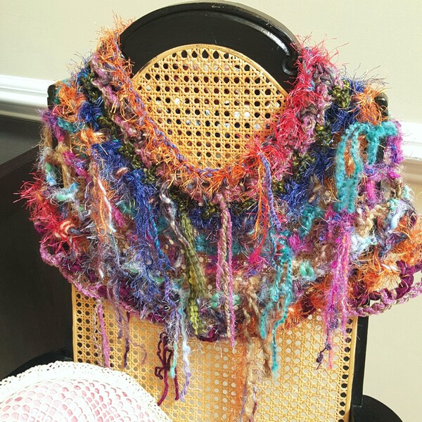 Artsy Fringed Colorful Hand Crochet Necklace Scarf