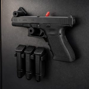 Könnte beinhalten: Eine schwarze Glock 17 Pistole mit roter Sicherheitsanzeige ist auf einer dunklen Oberfläche montiert. Drei schwarze Magazinhalter sind unterhalb der Schusswaffe positioniert. Die Pistole ist mit "Glock 17 Austria 9x19" gekennzeichnet.