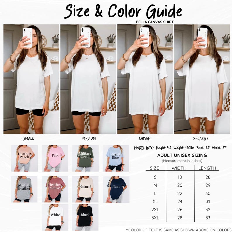 K&ouml;nnte beinhalten: Ein Bella Canvas T-Shirt Gr&ouml;&szlig;en- und Farbleitfaden mit vier Fotos eines wei&szlig;en T-Shirts in den Gr&ouml;&szlig;en Small bis Extra-Large. Enth&auml;lt eine Farbpalette mit zw&ouml;lf T-Shirt-Optionen und eine Gr&ouml;&szlig;entabelle mit Ma&szlig;en in Zentimetern.