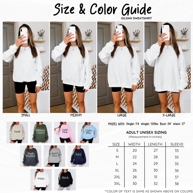K&ouml;nnte beinhalten: Ein Gr&ouml;&szlig;en- und Farbleitfaden f&uuml;r Gildan-Sweatshirts mit vier Bildern eines wei&szlig;en Rundhals-Sweatshirts in den Gr&ouml;&szlig;en Small bis Extra-Large. Enth&auml;lt eine Farbpalette sowie eine Gr&ouml;&szlig;entabelle mit Angaben in Zoll f&uuml;r die verschiedenen verf&uuml;gbaren Modelle.