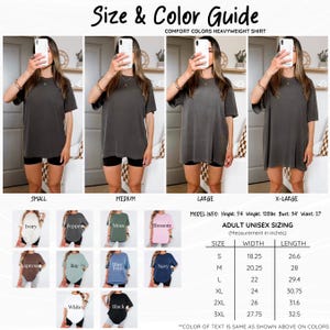 K&ouml;nnte beinhalten: Gr&ouml;&szlig;en- und Farbf&uuml;hrer f&uuml;r ein Comfort Colors Heavyweight-Shirt. Das Bild zeigt das Shirt in verschiedenen Farben, darunter Ivory, Pepper, Moss und Blossom. Eine Gr&ouml;&szlig;entabelle f&uuml;r Erwachsene in Zoll ist ebenfalls enthalten.