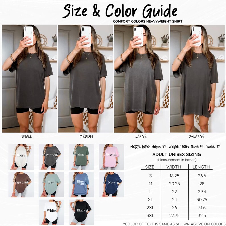 K&ouml;nnte beinhalten: Gr&ouml;&szlig;en- und Farbf&uuml;hrer f&uuml;r ein Comfort Colors Heavyweight-Shirt. Das Bild zeigt das Shirt in verschiedenen Farben, darunter Ivory, Pepper, Moss und Blossom. Eine Gr&ouml;&szlig;entabelle f&uuml;r Erwachsene in Zoll ist ebenfalls enthalten.