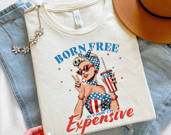 Funny Patriotic Shirt Vintage America Retro Design Graphic Tee Born Free Independence Day Celebration Outfit Summer Wear Cotton Top USA Flag
