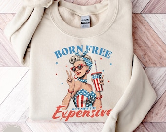 Funny Patriotic Sweatshirt Vintage America Retro Design Sweatshirt Born Free Independence Day Celebration Outfit Summer Wear USA Flag