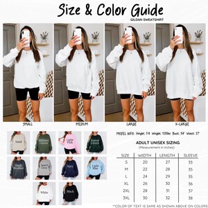 K&ouml;nnte beinhalten: Wei&szlig;es Gildan-Sweatshirt in vier Gr&ouml;&szlig;en: Small, Medium, Large und X-Large. Farboptionen sind Sand, Milit&auml;rgr&uuml;n, Hellrosa, Waldgr&uuml;n, Dunkelgrau, Sportgrau, Marine, Hellblau, Wei&szlig; und Schwarz. Gr&ouml;&szlig;entabelle mit Ma&szlig;en in Zentimetern.