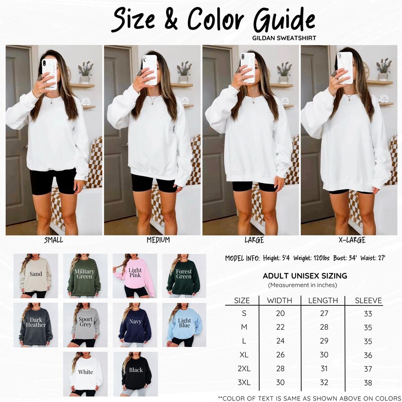 K&ouml;nnte beinhalten: Wei&szlig;es Gildan-Sweatshirt in vier Gr&ouml;&szlig;en: Small, Medium, Large und X-Large. Farboptionen sind Sand, Milit&auml;rgr&uuml;n, Hellrosa, Waldgr&uuml;n, Dunkelgrau, Sportgrau, Marine, Hellblau, Wei&szlig; und Schwarz. Gr&ouml;&szlig;entabelle mit Ma&szlig;en in Zentimetern.