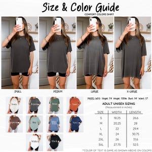 K&ouml;nnte beinhalten: Ein Gr&ouml;&szlig;en- und Farbleitfaden f&uuml;r Comfort Colors T-Shirts mit vier Bildern desselben T-Shirts in Dunkelgrau an einer Person, beschriftet mit Small, Medium, Large und X-Large. Enth&auml;lt eine Farbpalette von zehn T-Shirts und eine Gr&ouml;&szlig;entabelle in Zoll.