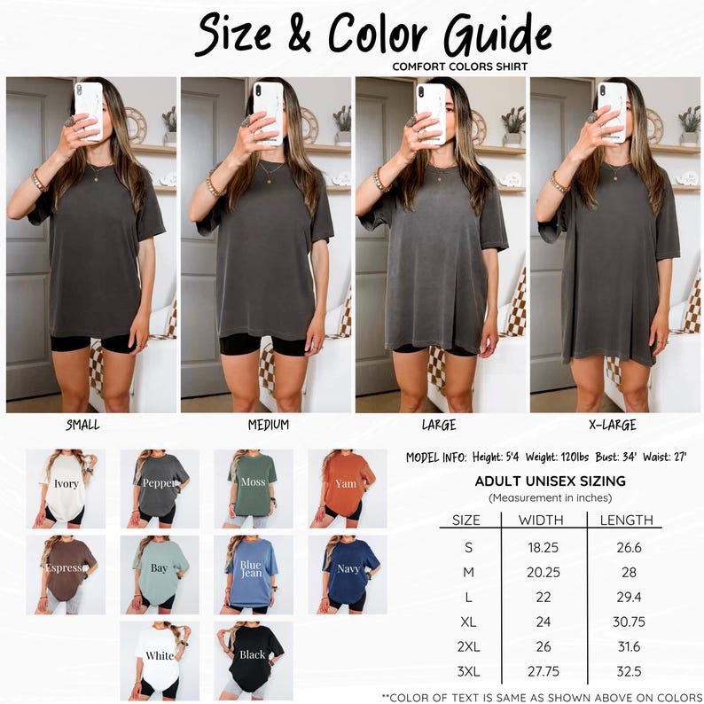 K&ouml;nnte beinhalten: Ein Gr&ouml;&szlig;en- und Farbleitfaden f&uuml;r Comfort Colors T-Shirts mit vier Bildern desselben T-Shirts in Dunkelgrau an einer Person, beschriftet mit Small, Medium, Large und X-Large. Enth&auml;lt eine Farbpalette von zehn T-Shirts und eine Gr&ouml;&szlig;entabelle in Zoll.