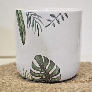 6 Inch Round Ceramic Planter Green Leaf Design Indoor Plant Pot Botanical Home Decor
