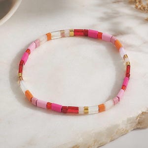 Miyuki Tila Bead Bracelet: Pink, Red, Orange & White Stretch Bracelet