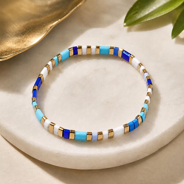 Miyuki Tila Bead Bracelet: Blue, White & Gold Stretch Style