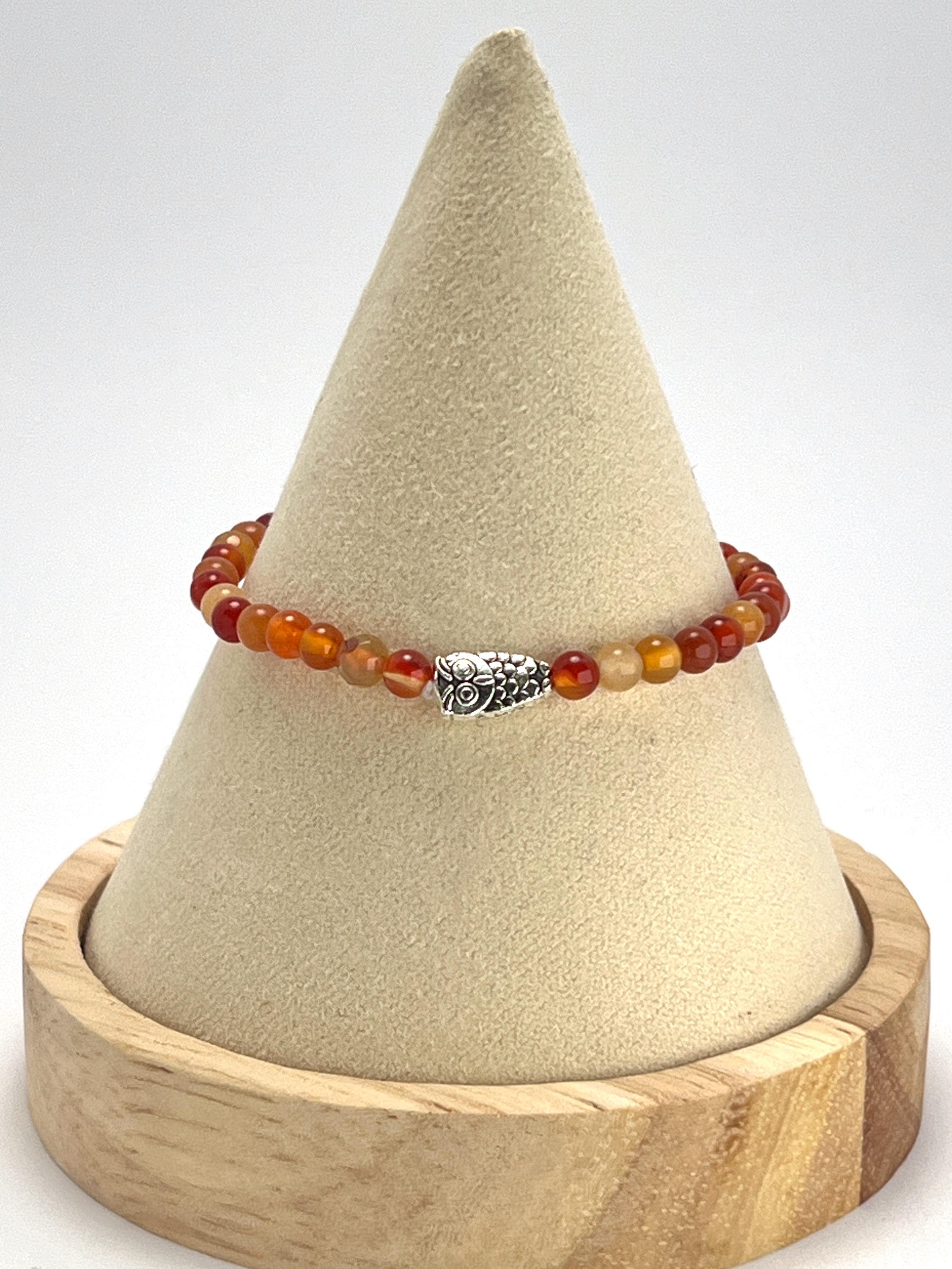Orange Jade Bead Bracelet with Silver Owl Charm
