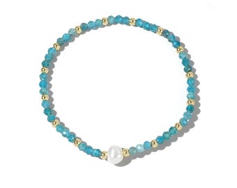 Aquamarine Freshwater Pearl Bracelet | Dainty Faceted Birthstone Design