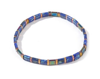 Pulsera de cuentas Tila de Miyuki: pulsera elástica azul jaspeada