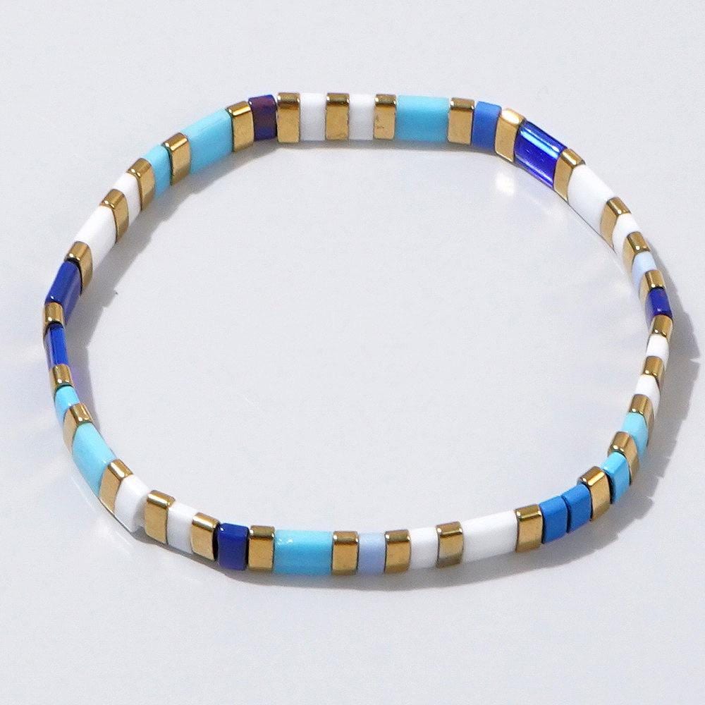 Miyuki Tile Bead Bracelet: Blue, White & Gold Stretch Bracelet