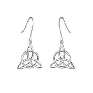 May include: A pair of silver-colored Celtic knot earrings. Each earring features a stylized triquetra design, suspended from a simple hook. The earrings are displayed against a white background, highlighting their intricate details and reflective surface.